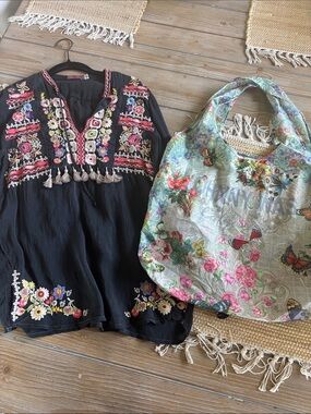 Johnny Was Black Embroidered Boho Tunic with Tassel Trim & a JW Bag